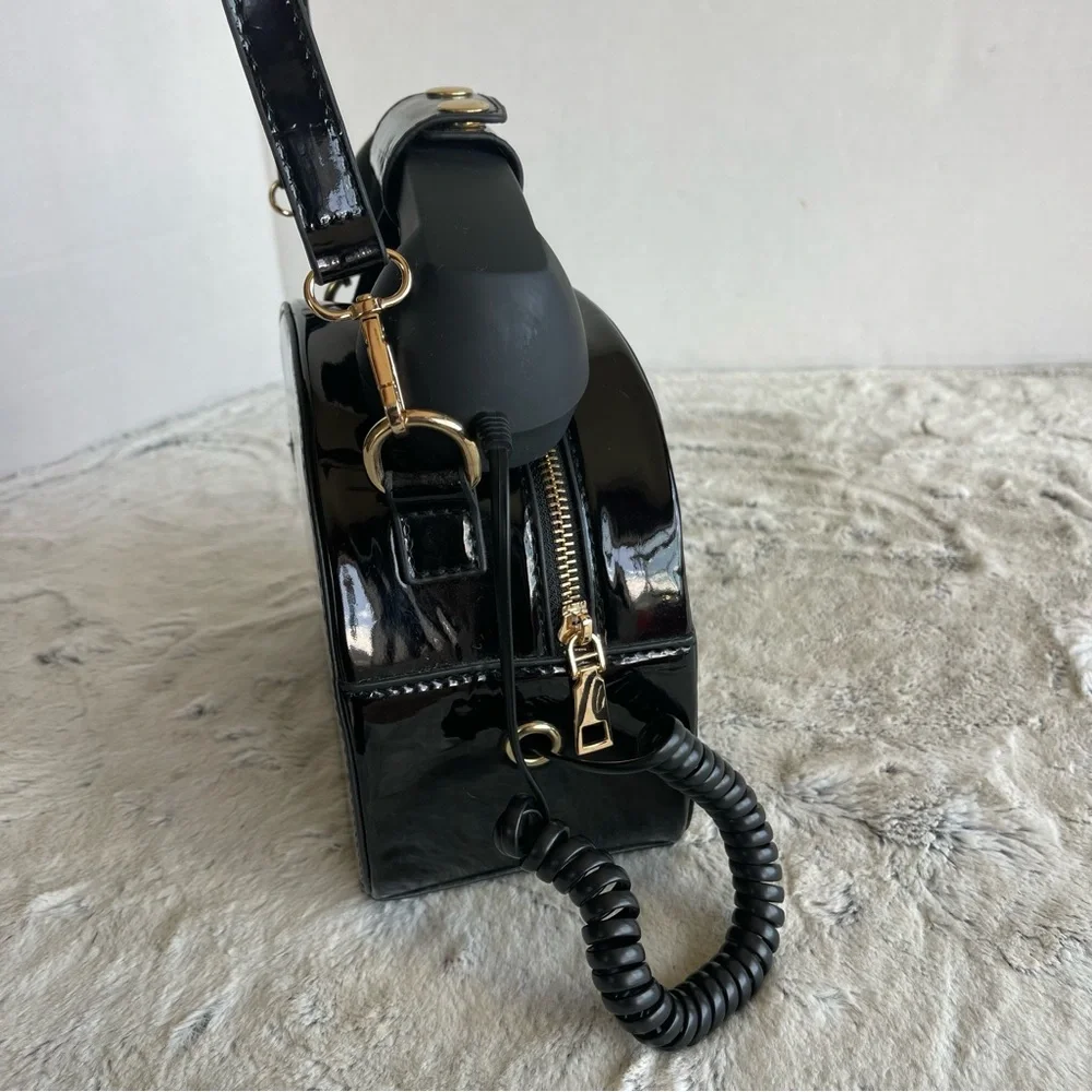 Shiny Black Telephone Shaped Purse Shoulder Crossbody Bag I-Phone Connect Cable